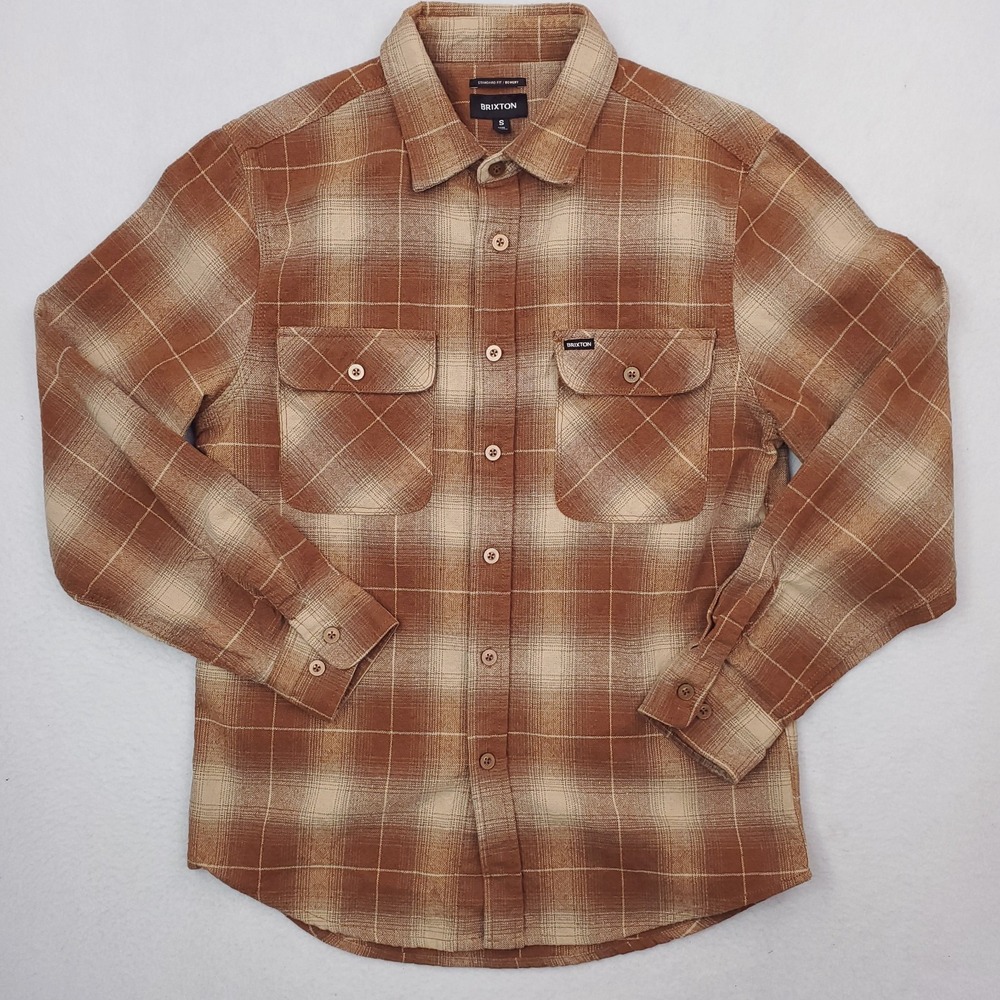 Brixton Shirt Mens Small Brown Tan Shadow Plaid Bowery Flannel Heavyweight